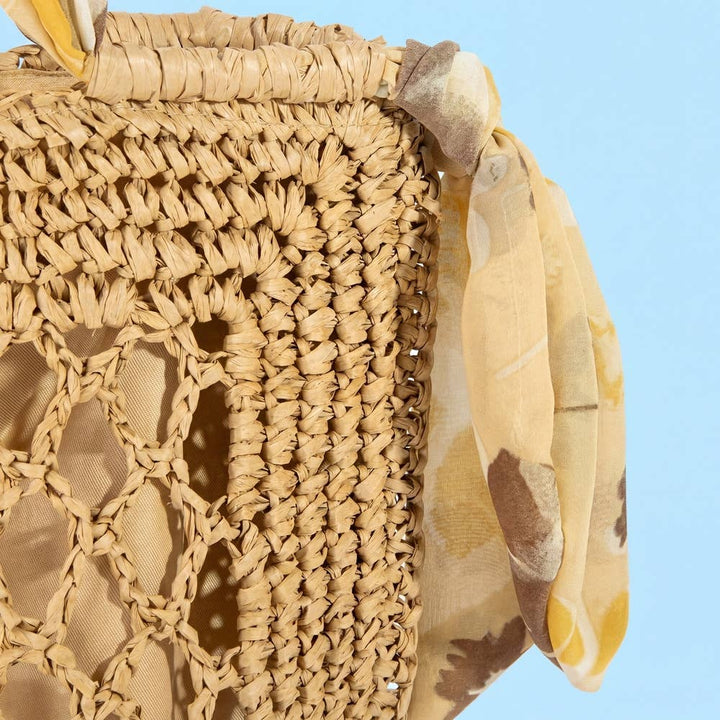 Floral Scarf Handle Open Weave Straw Tote Bag | Anarchy Street