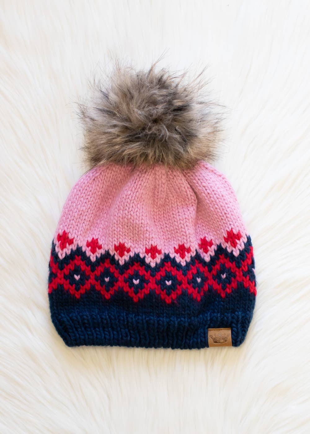 Pink, Navy & Red Patterned Pom Knit Hat | Panache Apparel Co.