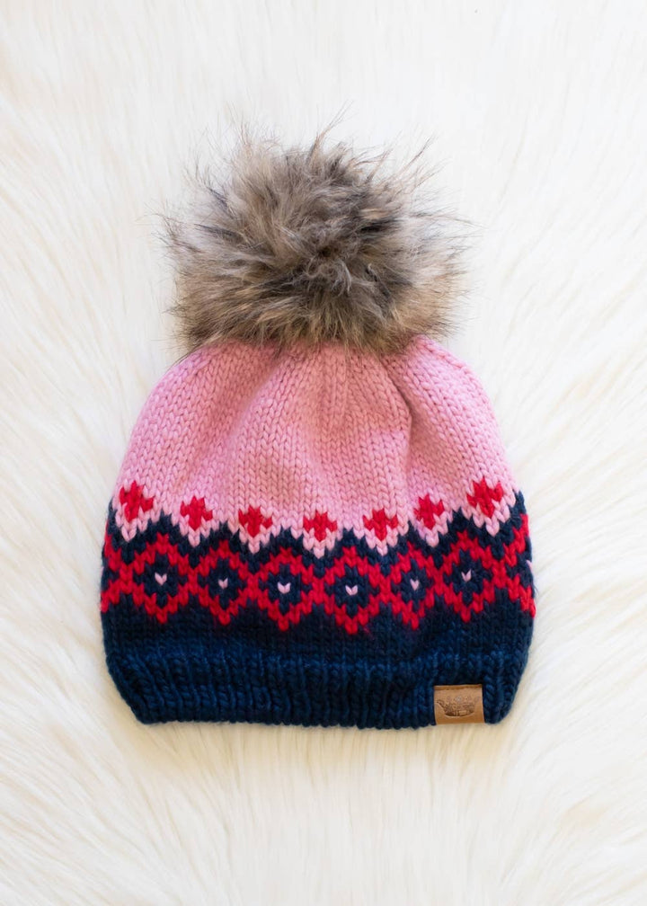 Pink, Navy & Red Patterned Pom Knit Hat | Panache Apparel Co.