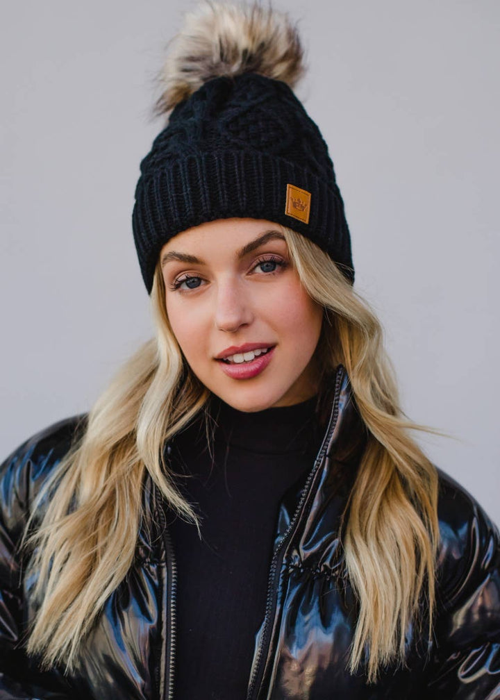 Black Cable Knit w/ Natural Pom Hat | Panache Apparel Co.