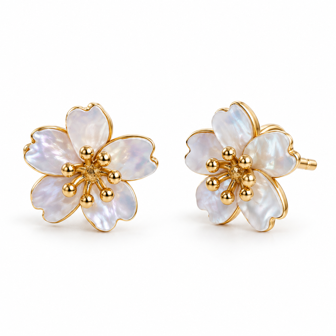 Mother of Pearl Flower Stud Gold Earrings | Alysha James Jewelry