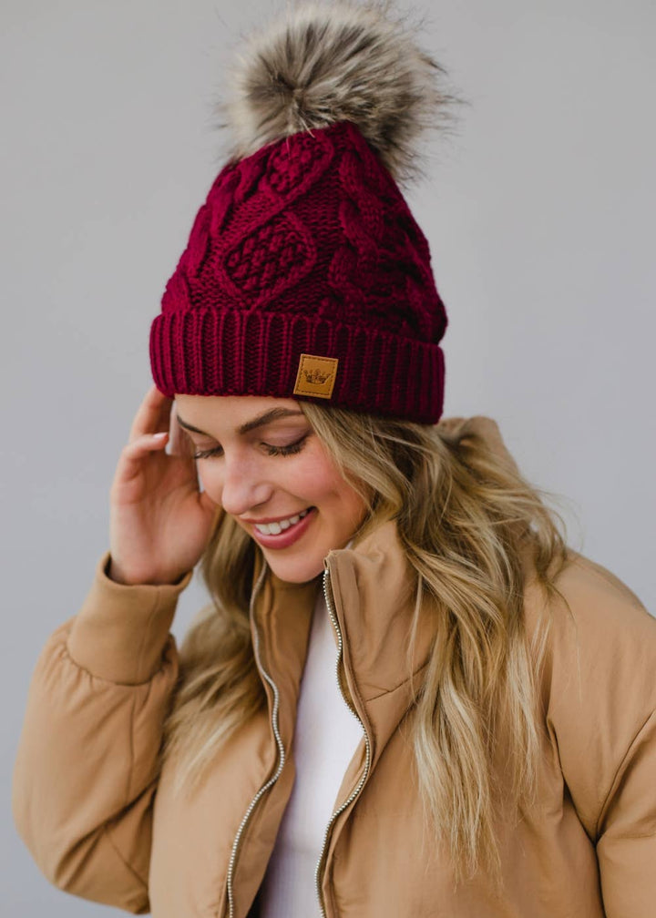 Burgundy Cable Knit Pom Hat | Panache Apparel Co.