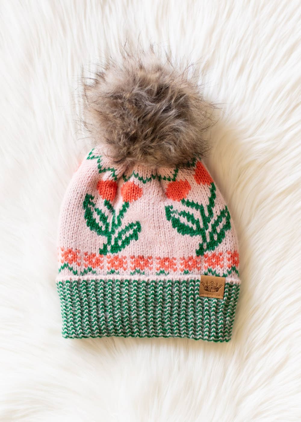 Lt. Pink Cherry Pattern Pom Knit Hat | Panache Apparel Co.