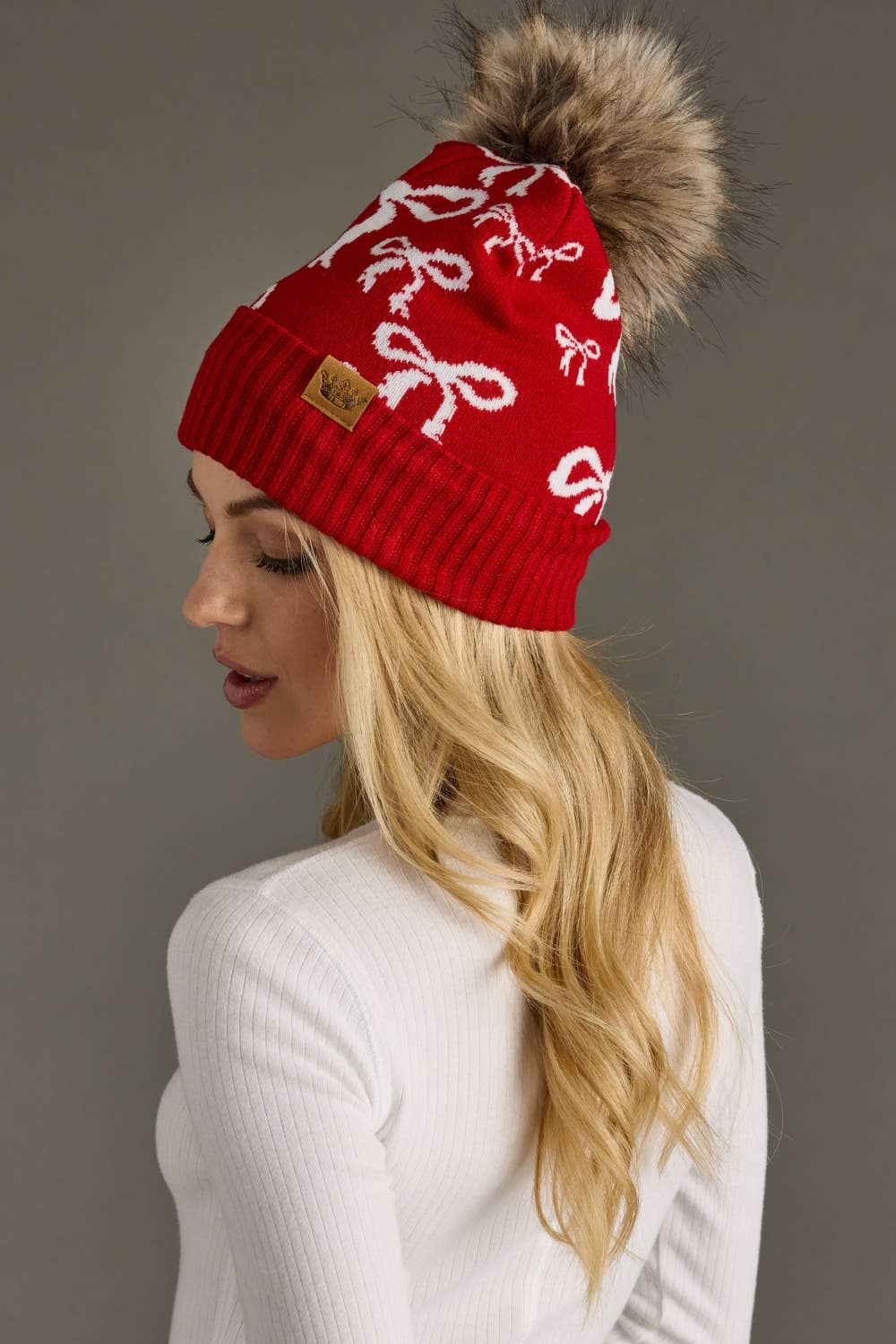 Red & White Bow Pom Knit Hat | Panache Apparel Co.