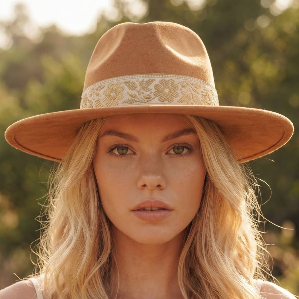 Wide Brim Felt Hat With Floral Ribbon Band | Anarchy Street