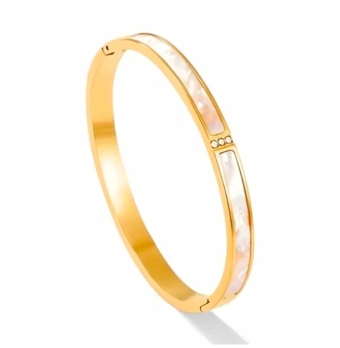 Mother of Pearl Inlay Gold Bangle Bracelet | Alysha James Jewelry