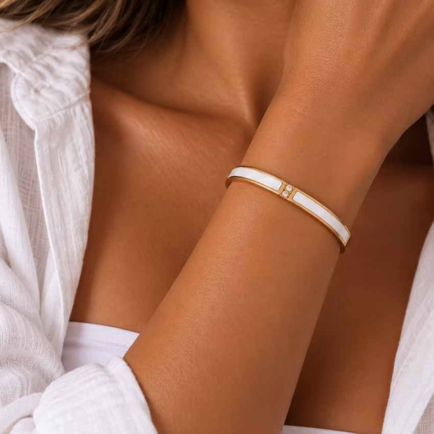 Mother of Pearl Inlay Gold Bangle Bracelet | Alysha James Jewelry