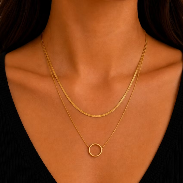 Circle and Snake Chain Double Layer Gold Necklace | Alysha James Jewelry