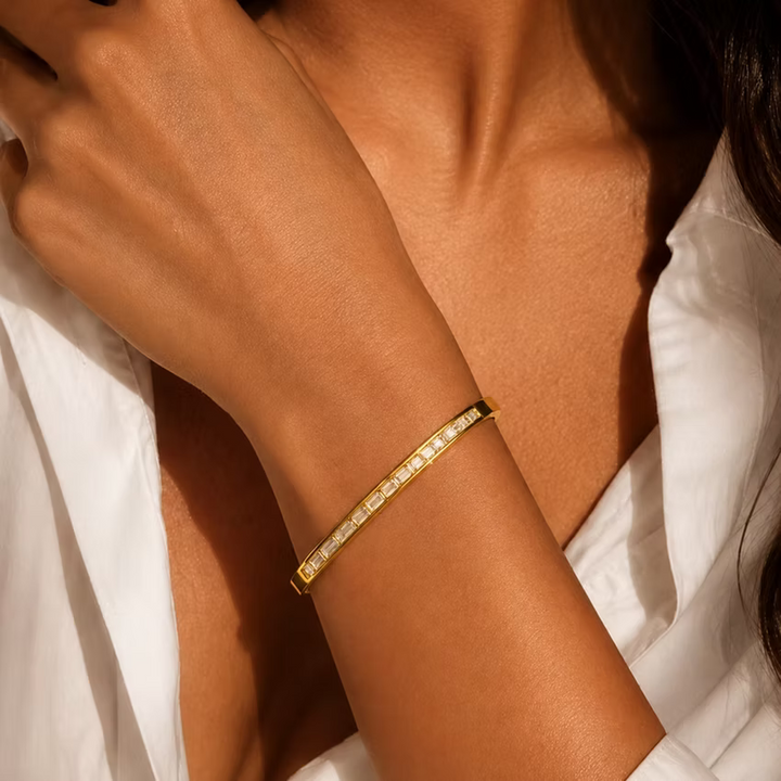 Baguette Zircon Accent Gold Bangle Bracelet | Alysha James Jewelry