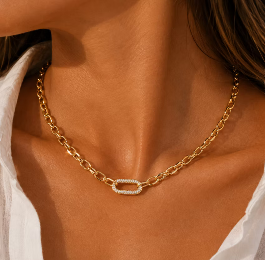 Pavé Elongated Paperclip Gold Necklace | Alysha James Jewelry