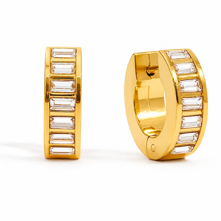 Baguette Crystal Huggie Hoop Gold Earrings | Alysha James Jewelry