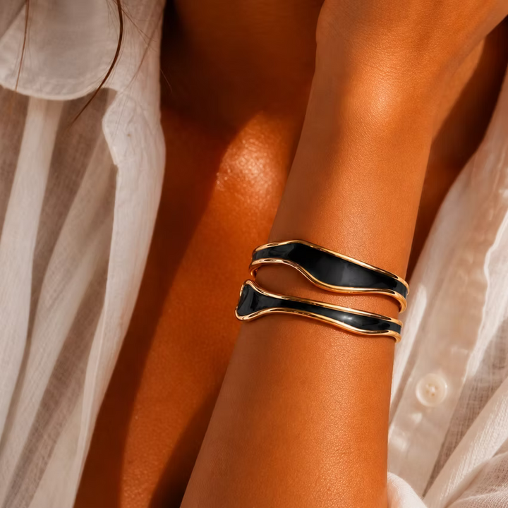 Black Enamel Open Cuff Gold Bangle Bracelet | Alysha James Jewelry