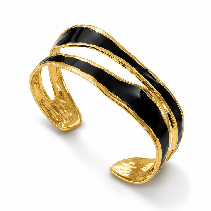 Black Enamel Open Cuff Gold Bangle Bracelet | Alysha James Jewelry