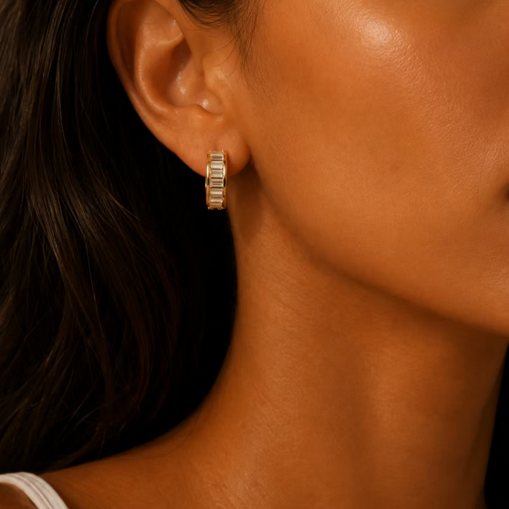 Baguette Crystal Huggie Hoop Gold Earrings | Alysha James Jewelry