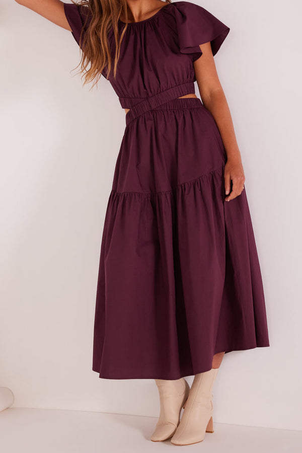 Allegra cut-out midi dress by minkpink. Deep purple. Fall23. Jolie folie boutique
