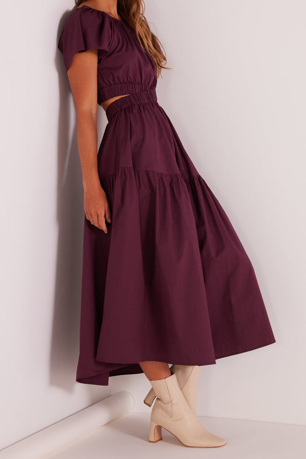 Allegra cut-out midi dress by minkpink. Deep purple. Fall23. Jolie folie boutique