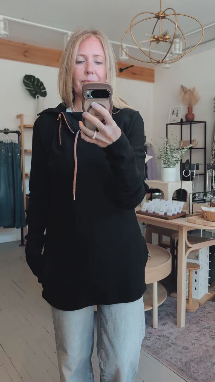 1/4 Zip Black Hoodie Sweater | Pink Cement