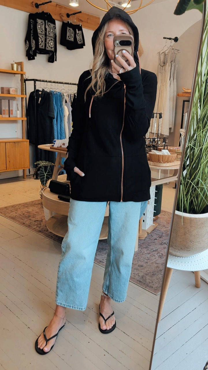 Full Zip Black Hoodie Sweater | Pink Cement