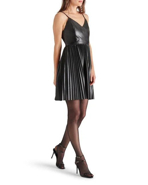 Nandita Pleated Faux Leather Mini Dress - Black | Steve Madden - CLEARANCE