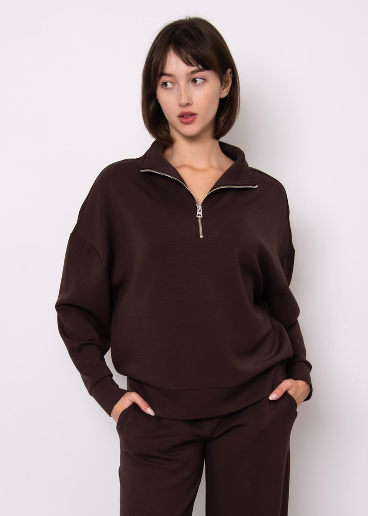 Seanni Soft Knit Half Zip Top - Brown | RD STYLE