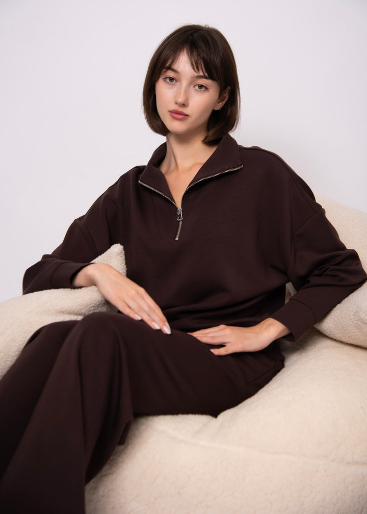 Seanni Soft Knit Half Zip Top - Brown | RD STYLE