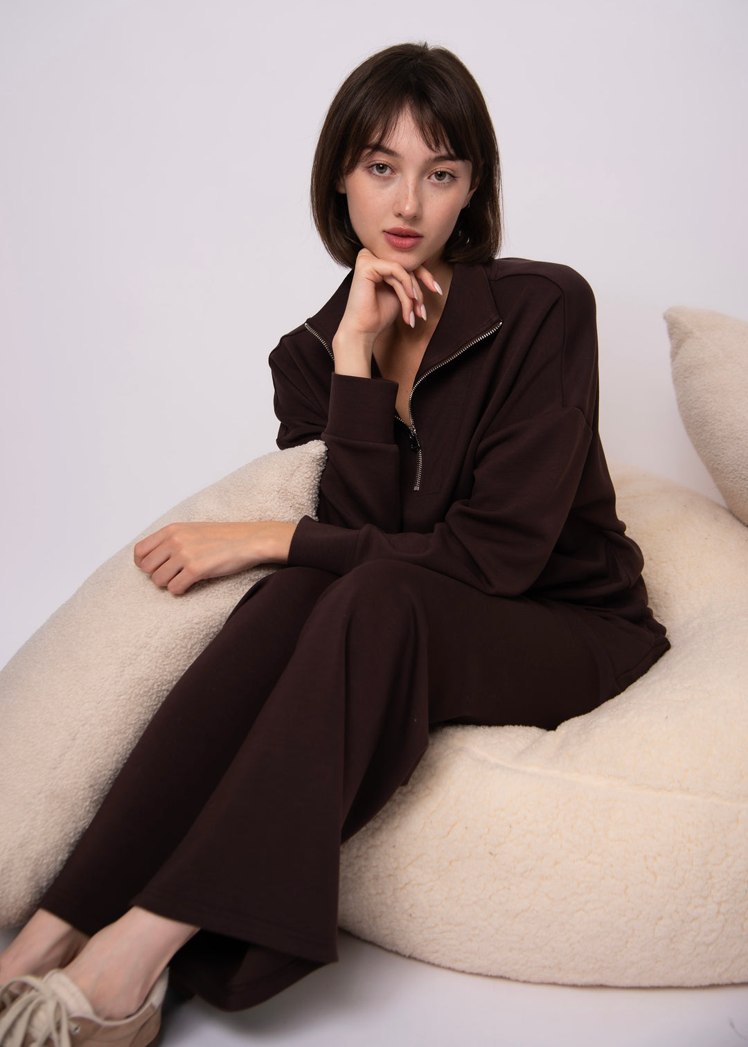 Seanni Soft Knit Half Zip Top - Brown | RD STYLE