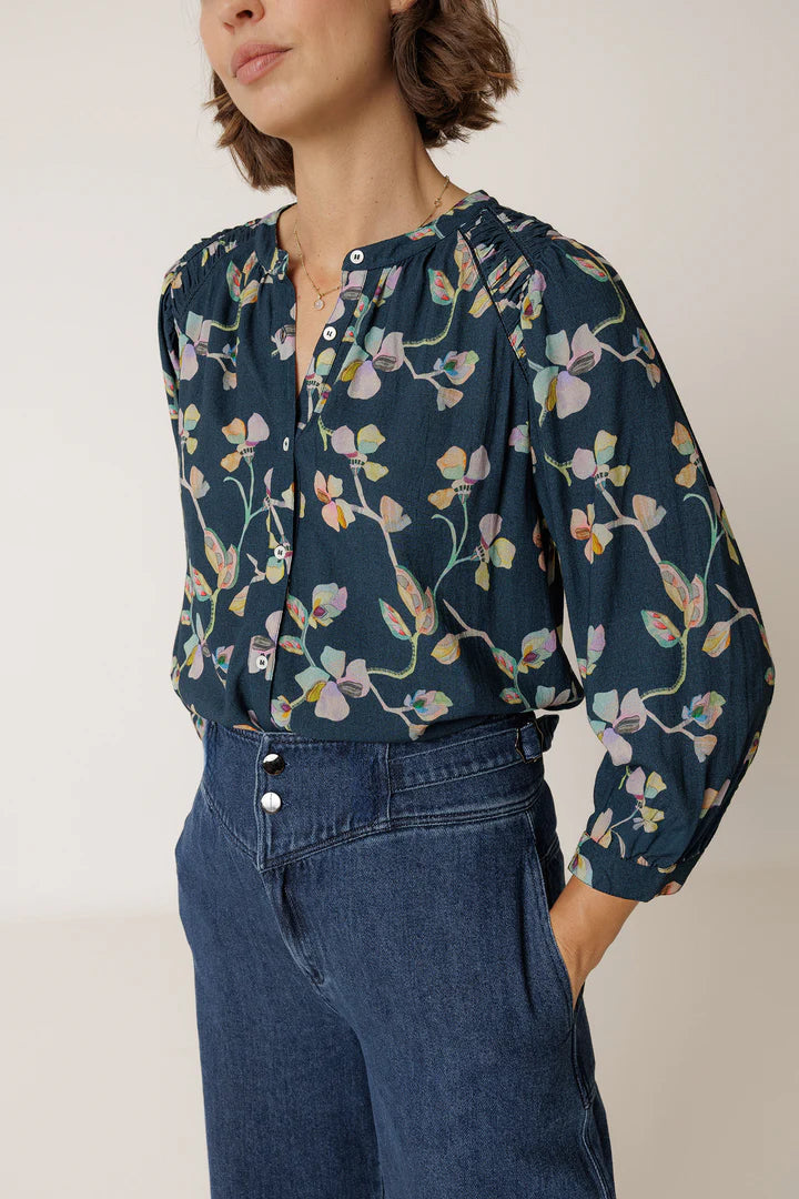 Ruched Navy Floral Blouse | Indi & Cold