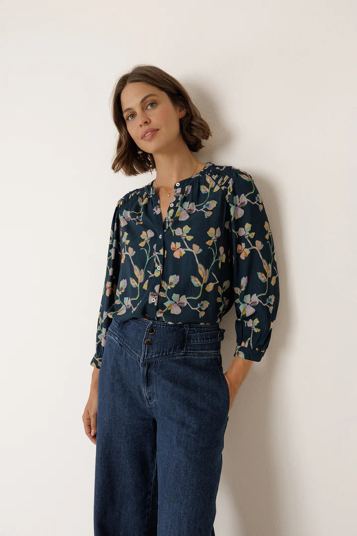 Ruched Navy Floral Blouse | Indi & Cold