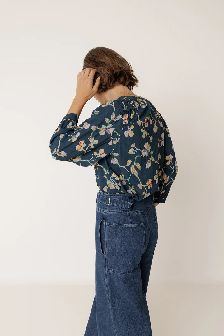 Ruched Navy Floral Blouse | Indi & Cold