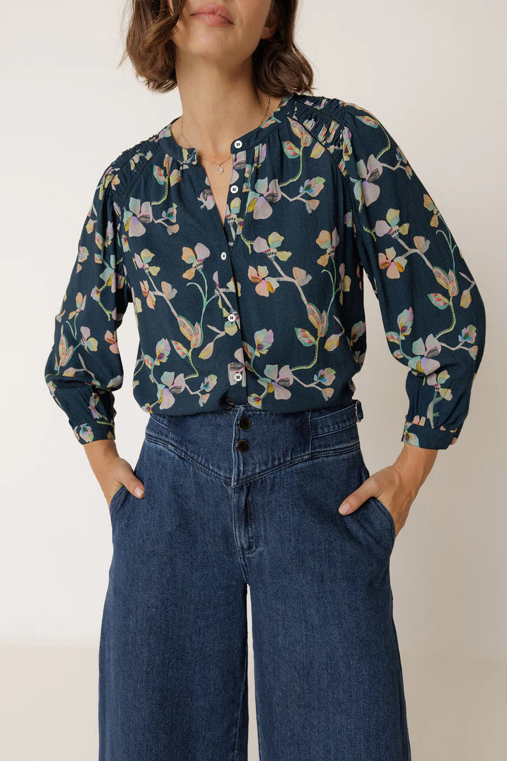 Ruched Navy Floral Blouse | Indi & Cold