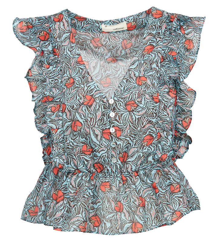 Blue Printed V-Neck Cotton And Silk Top | The Korner - Clearance