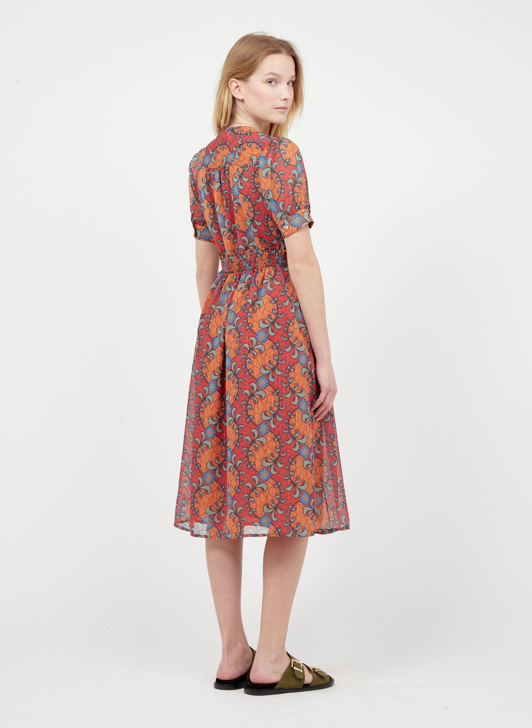 Orange Short Crepe V-Neck Dress With Floral Print | The Korner - Clearance