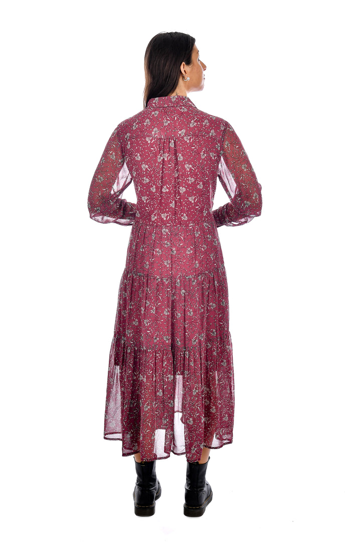 Sophia Printed Georgette Tiered dress - Sangria | RD Style - Clearance