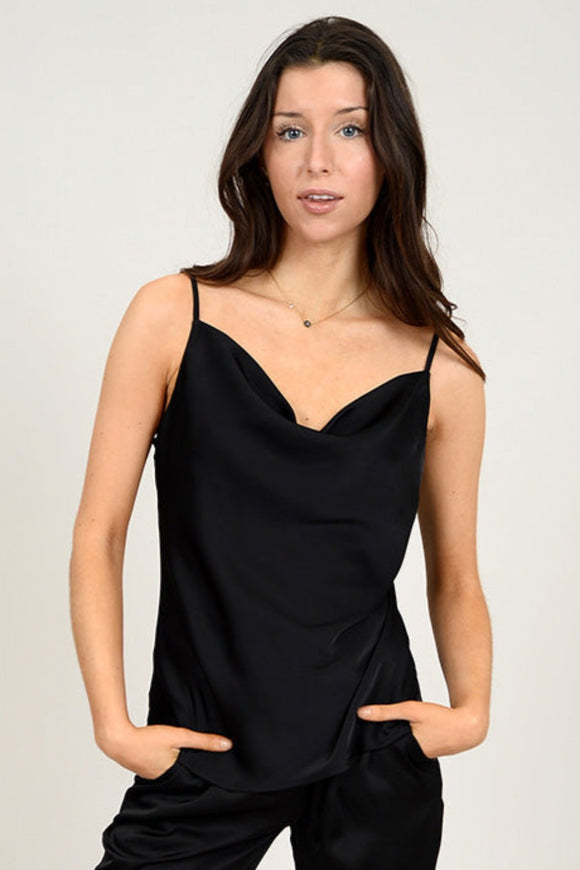 Coline Satin Cowl Tank - Black | RD Style - Clearance