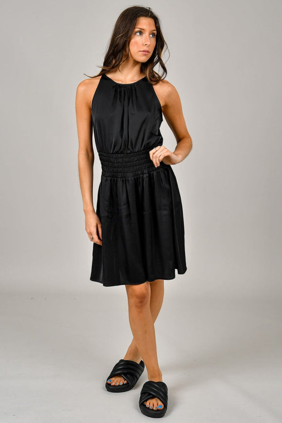 Rachelle Smocked Waist Satin Dress - Black | RD Style - Clearance