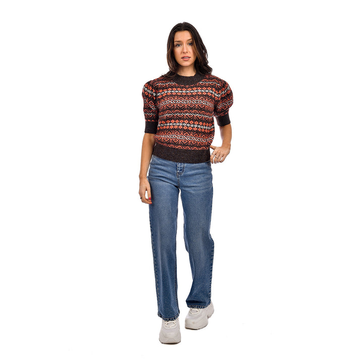 Giselle Fair Isle Short Sleeve Sweater - Brown Mix | RD Style - Clearance