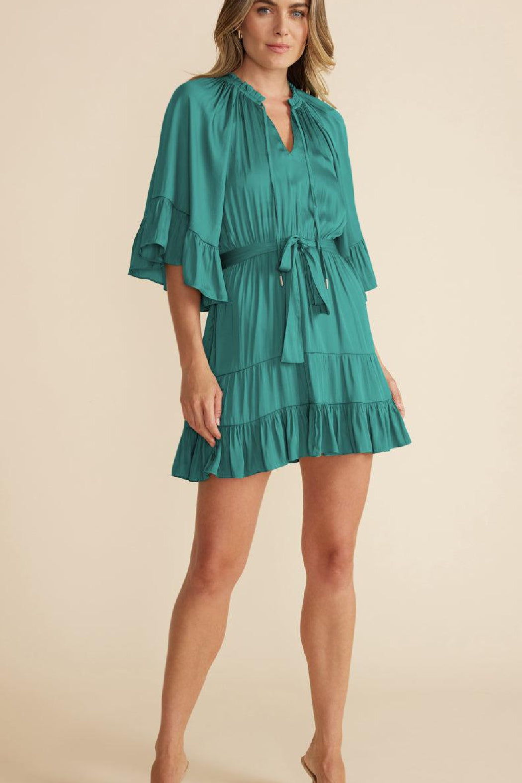 Anya Tiered Mini Dress in emerald color by mink pink. Jolie Folie Boutique. Fall2022