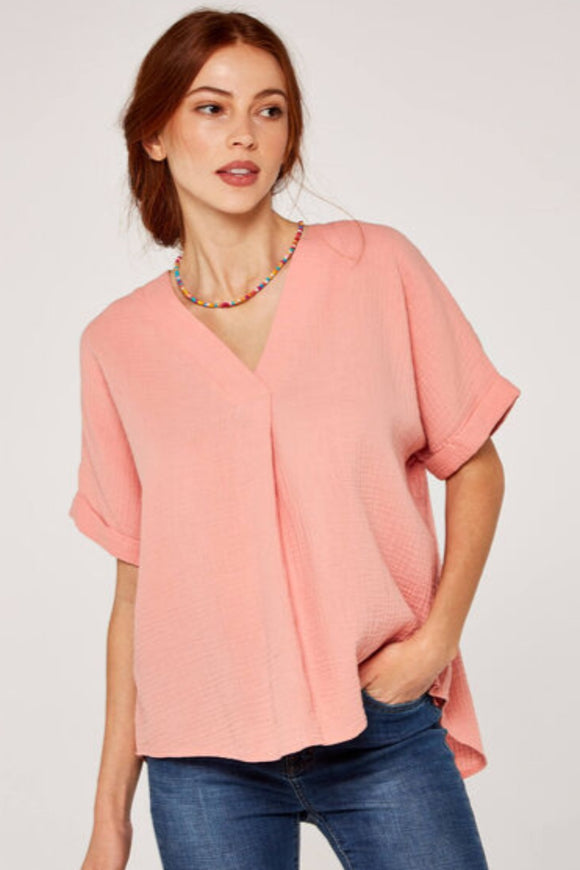 V-neck Cotton Top - Pink | Apricot