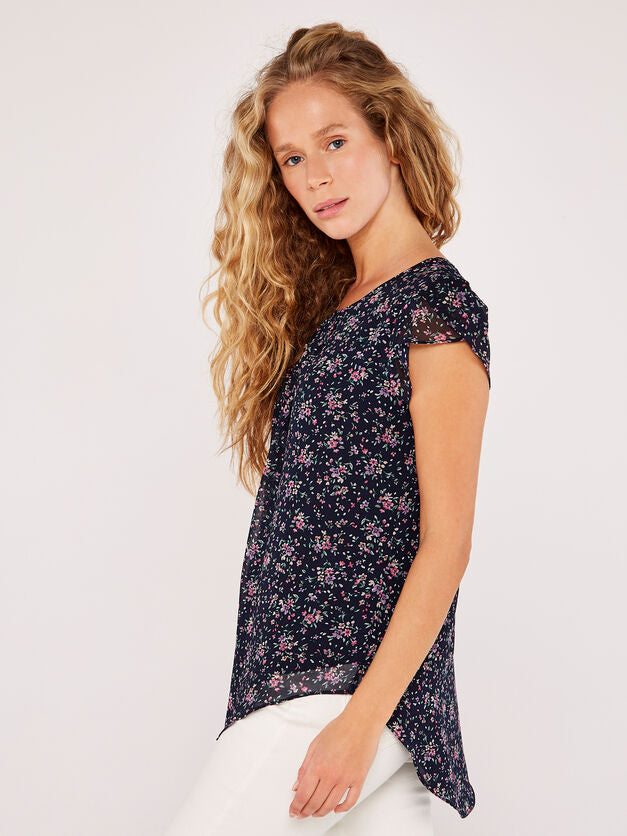 Floral Tulip Chiffon Top | Apricot - Clearance