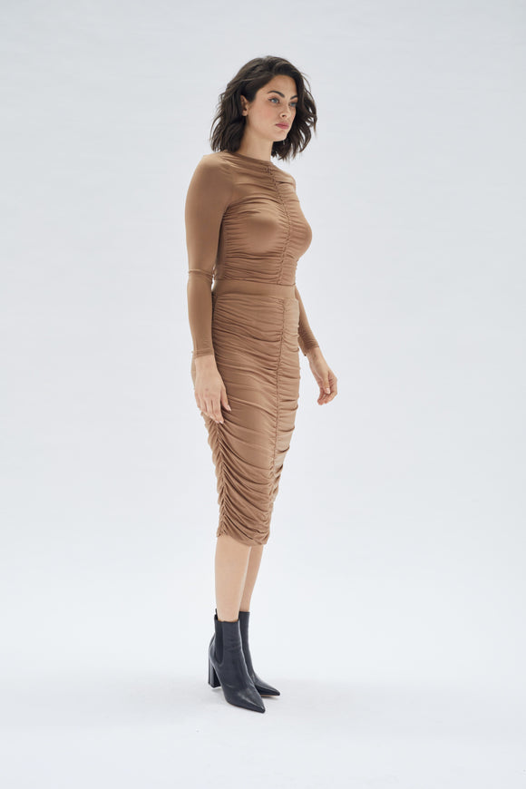 Faiza Ruched Jersey Midi Skirt - Brown | Minkpink - Clearance